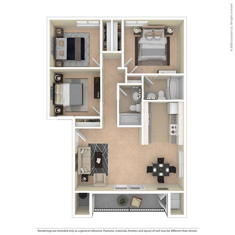 Floor plan for 3 beds, 2 baths, 1000 sqft